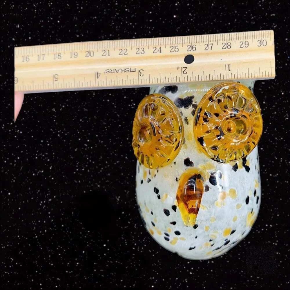 Hollow Owl Bird Art Glass Paperweight Figurine White With‎ Dots Amber Eyes Glass